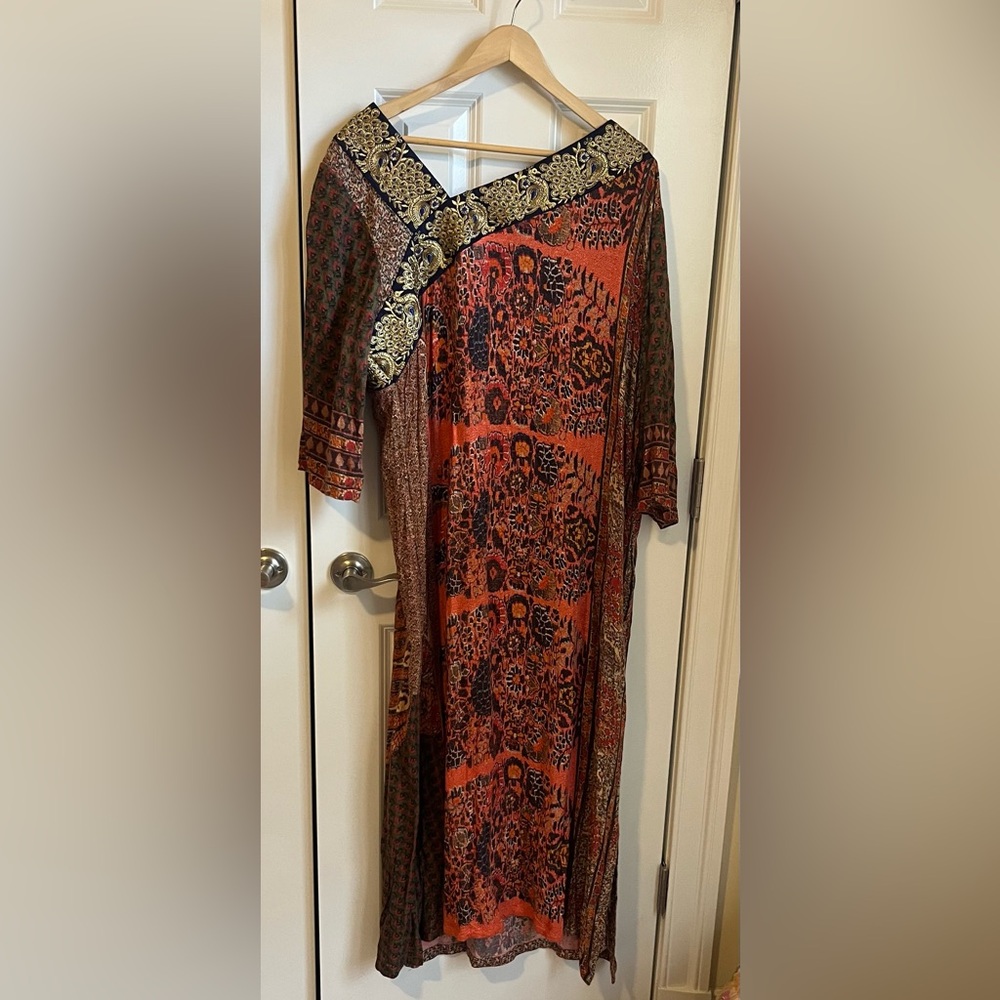 Soft Surroundings Asymmetrical Dress in Rich Jewel Tones with Gold Accents